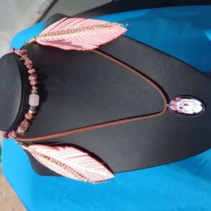 Pink leather feather set necklace, bracelet, earrings